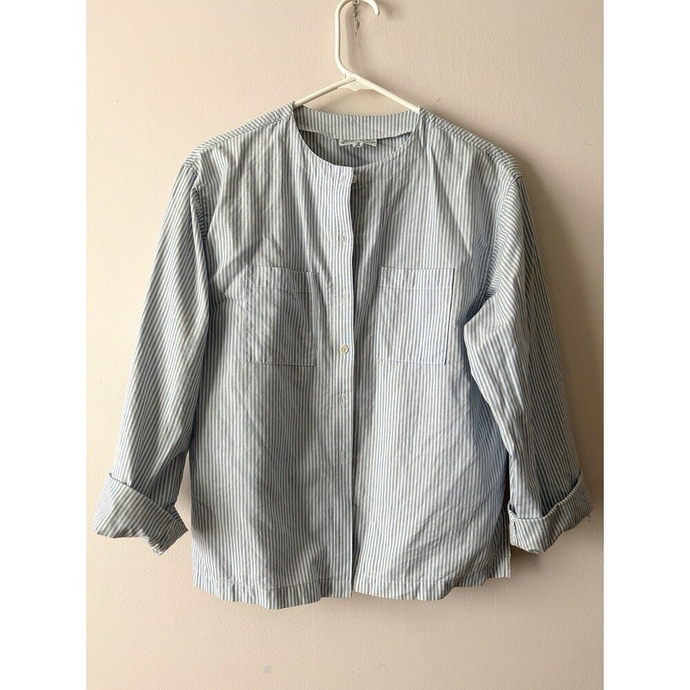 Vintage 1970s The Villager Blue White Stripe Collarless Shirt Jacket Sz 10